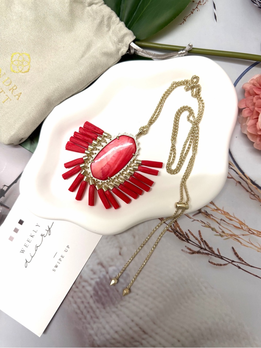 Kendra Scott Gold Chain Necklace with Red Stone and Tassel Fringe